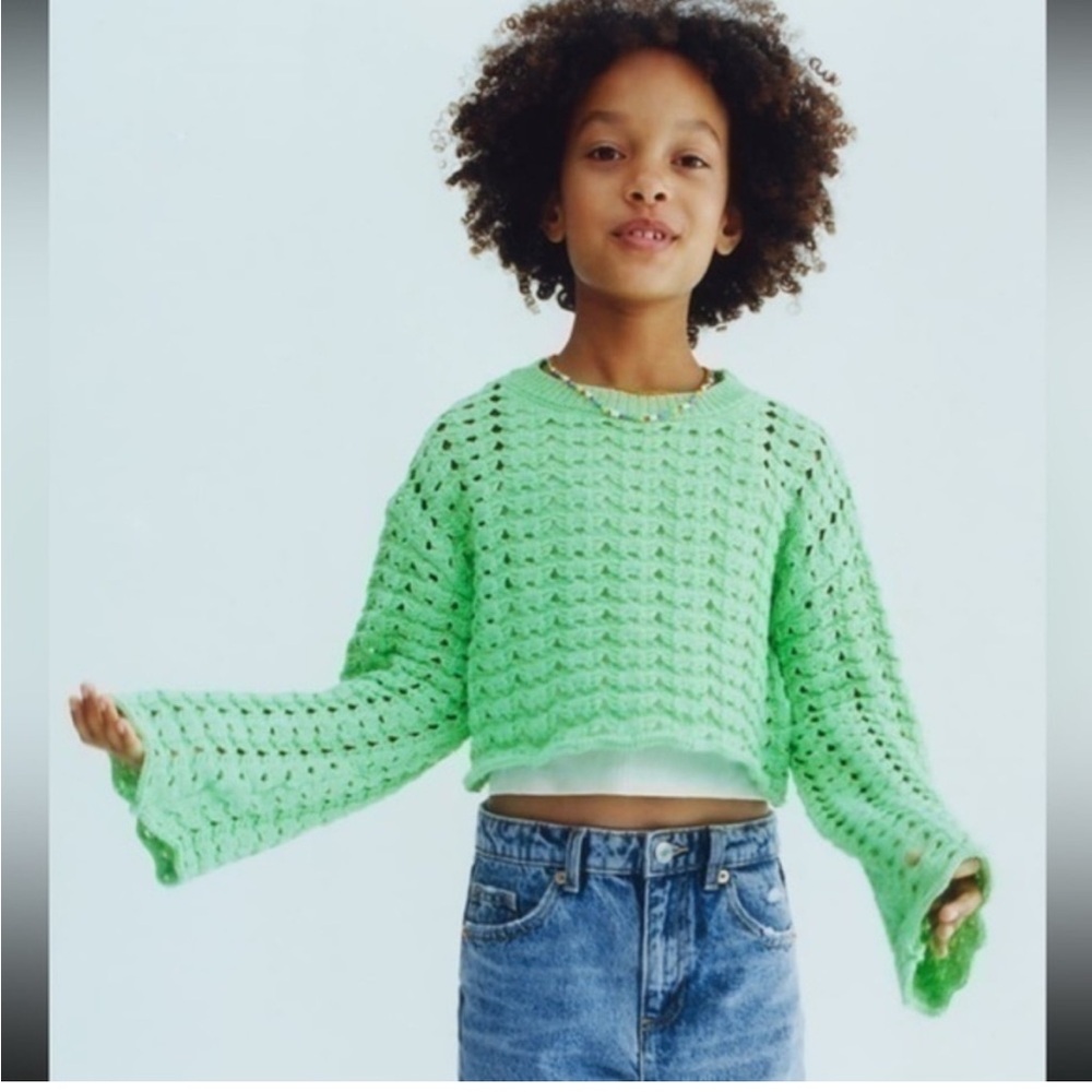 Zara Kids Mint Green Cropped Knit crochet Sweater